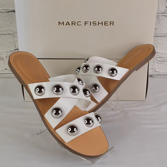 MARC FISHER 'BRYTE' DOMÈ STUDD CRISS~CROSS FLAT SLIP ON SLIDE SANDALS WHITE 7 - Picture 10 of 16